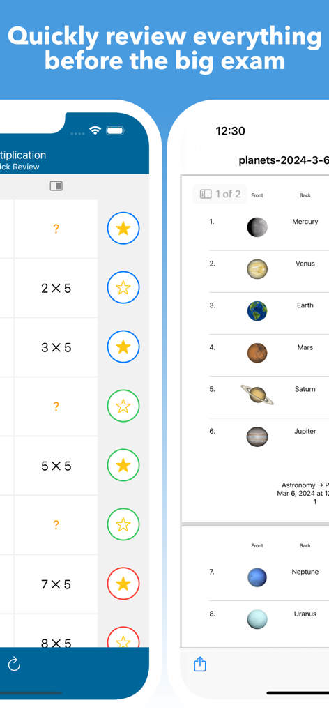 Mighty Flashcards app interface showing quick review mode with multiplication and solar system decks.