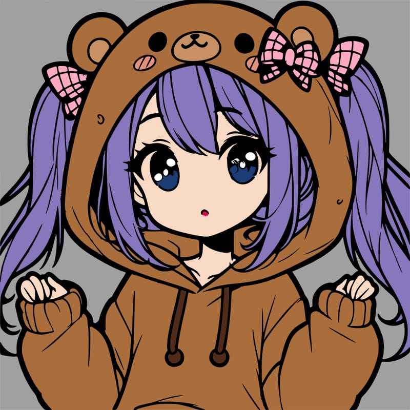 cute anime girl with ponytails and a cute bear hoodie