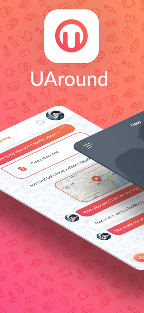 UAround - Elite Singles Dating - UAround elite dating app logo and chat interface showing a conversation and map location for a local date