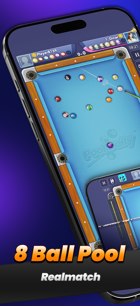 DailyPool-3D 8 Ball Pool - Gameplay screenshot of DailyPool-3D 8 Ball Pool featuring a real-time PvP match on an iPhone