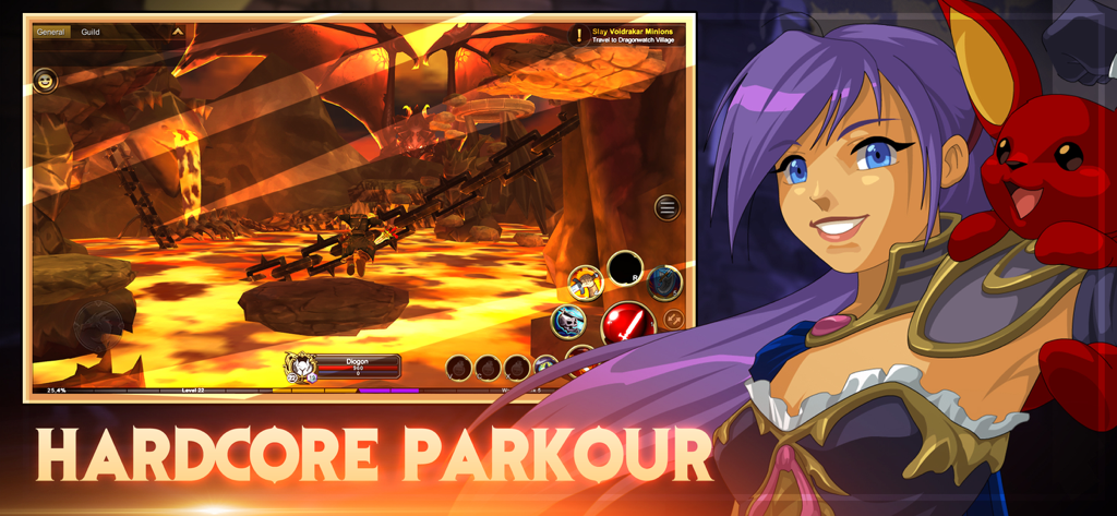 AdventureQuest 3D gameplay showing a character performing hardcore parkour over lava alongside an anime style illustration.