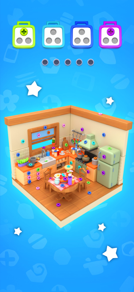 Screw Sort Puzzle™-Pin Jam 3D - A 3D isometric kitchen miniature covered in colorful screws with sorting slots at the top in the Screw Sort Puzzle game.