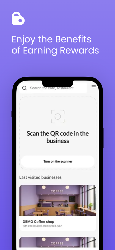 QRコードスキャナーと最近訪れたローカルビジネスのリストを表示するBonusQRアプリのスマートフォン画面