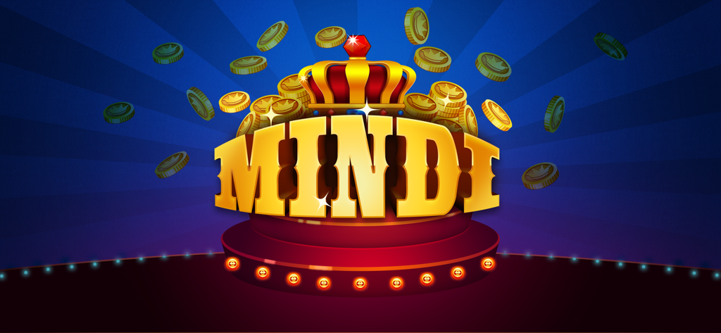 Título del juego de cartas Mindi Casino con texto dorado en 3D y una corona