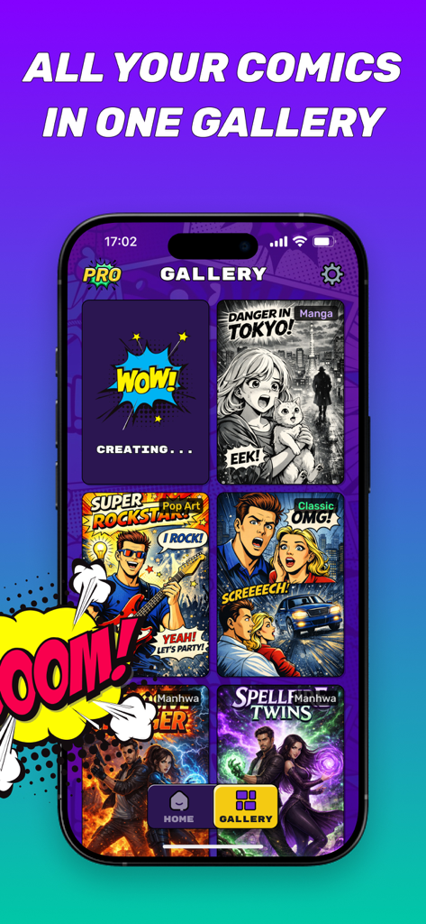 ComiX: AI Comics Book Maker - The ComiX app gallery displaying multiple user created comics in different artistic styles like Manga Pop Art and Classic