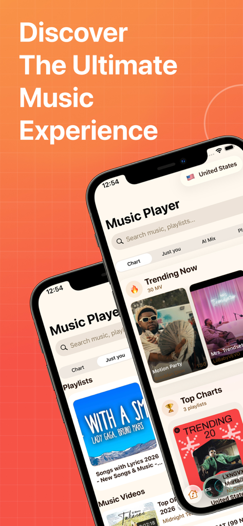 Musi player app screen displaying trending music and top charts for easy streaming