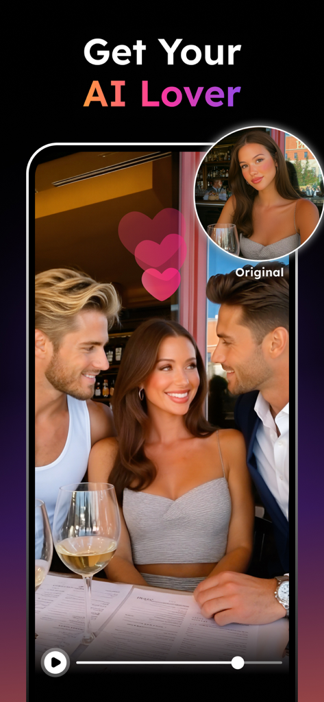 Pixelance: AI Video Generator - Uma foto solo de uma mulher transformada em uma cena de jantar romântico com homens gerados por IA e corações flutuantes.