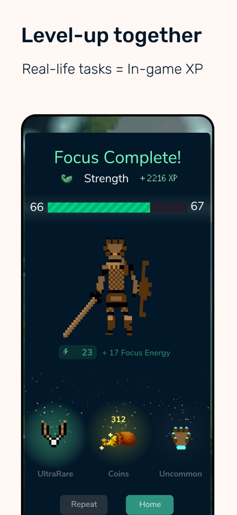 Focus Hero: Achieve your Goals - Focus Hero app screen showing a pixel art character leveling up with XP and loot rewards after a focus session.