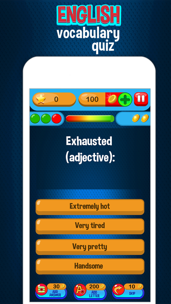 English Vocabulary Quiz – Knowledge Test for Free - Mobile app interface showing a multiple choice question for the vocabulary word exhausted with four possible answers.