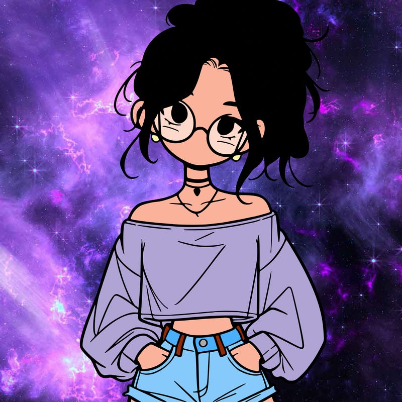 girl with a messy ponytail glasses a baggy crop top and jean shorts