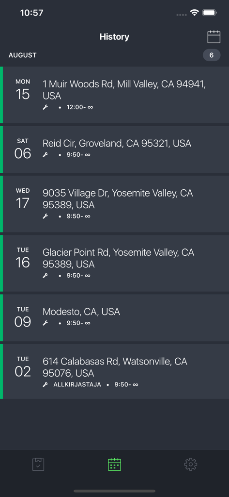 GSMtasks - GSMtasks mobile app screen showing a chronological history of field service tasks with addresses and dates in California