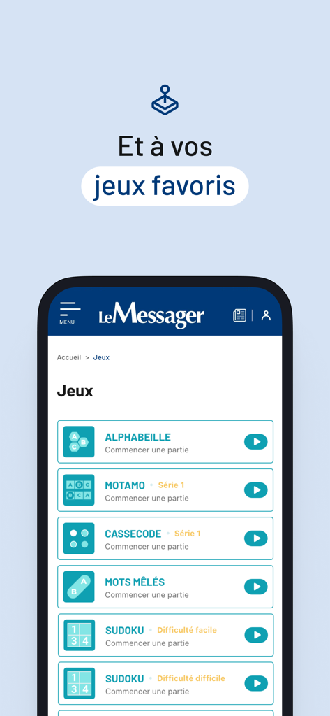 Pantalla de la aplicación móvil que muestra la sección de juegos de Le Messager con opciones como Sudoku y puzzles de palabras.