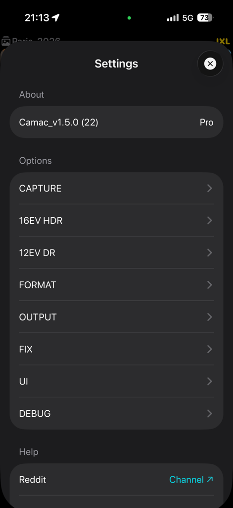 Camac - Menu delle impostazioni dell'app fotografica Camac che mostra opzioni di configurazione avanzate per HDR e formati di file