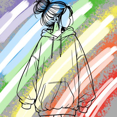 realistic girl with a oversized sweatshirt on and a bun