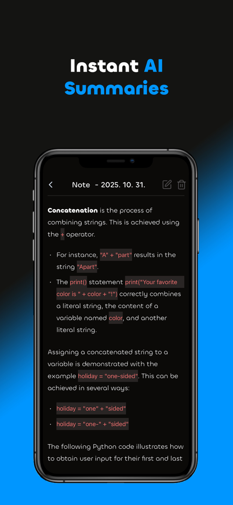 Skillion: Study Smarter - Interfaz de la aplicación Skillion que muestra un resumen instantáneo de IA de apuntes de estudio sobre la concatenación de Python.