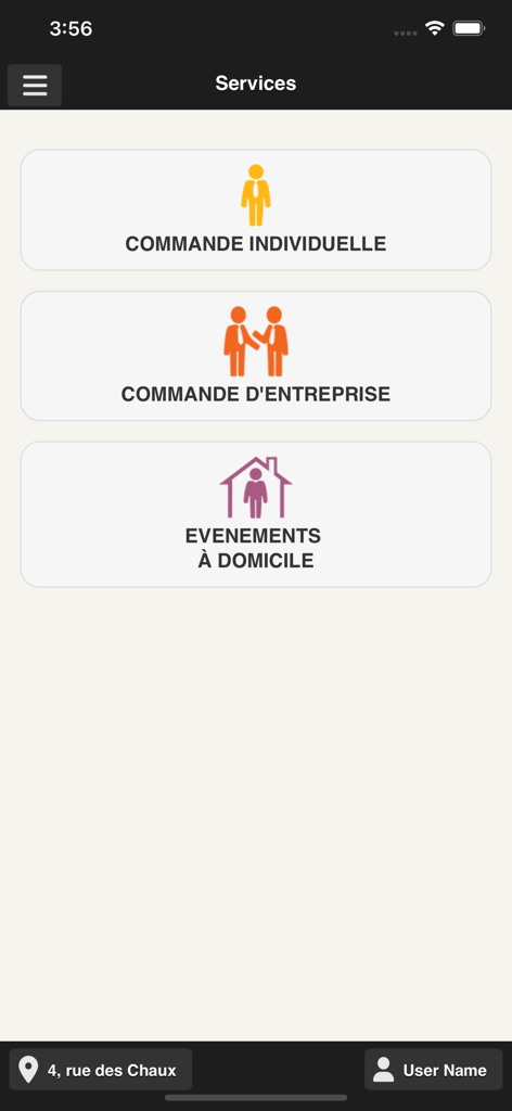 Lunchtime app services screen displaying options for individual orders, corporate orders, and home events.