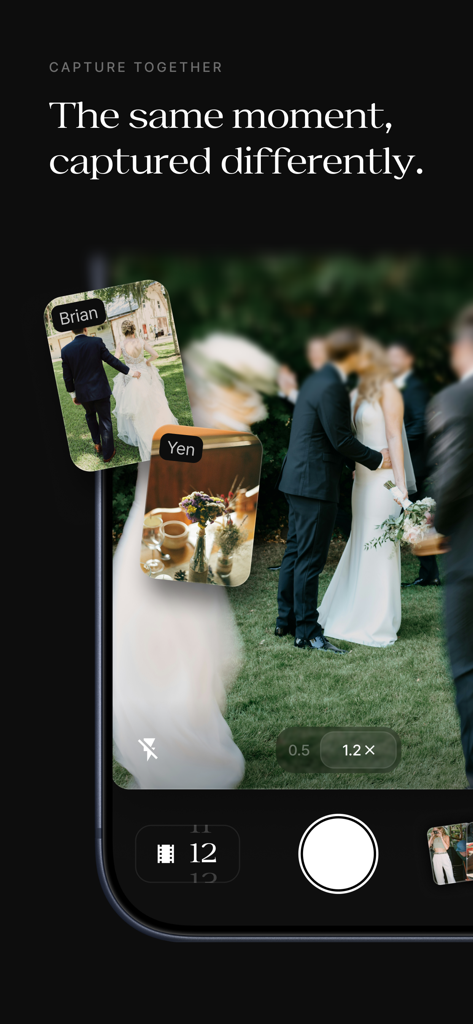 Once - Disposable Camera Event - Interface do aplicativo Once mostrando uma galeria de evento compartilhada com fotos de diferentes convidados.