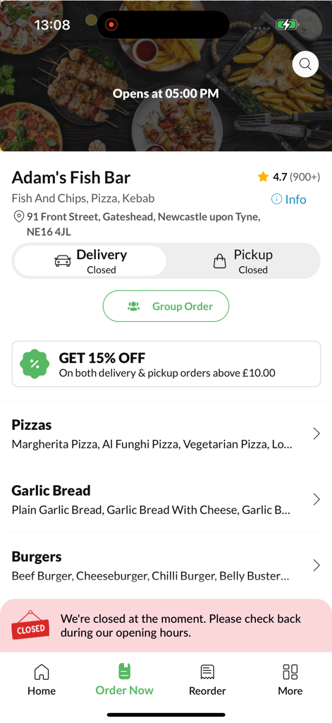 Adam's Fish Bar - Adams Fish Bar mobile app screen showing food menu categories delivery options and a discount offer