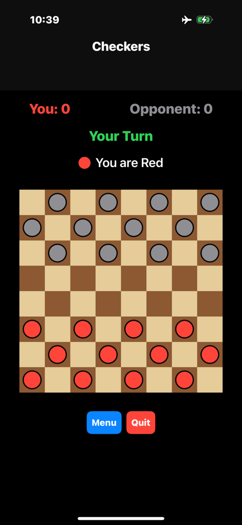 Offline MultiPlayer Games - Screenshot of a checkers game on a mobile device showing the game board with red and grey pieces during a match