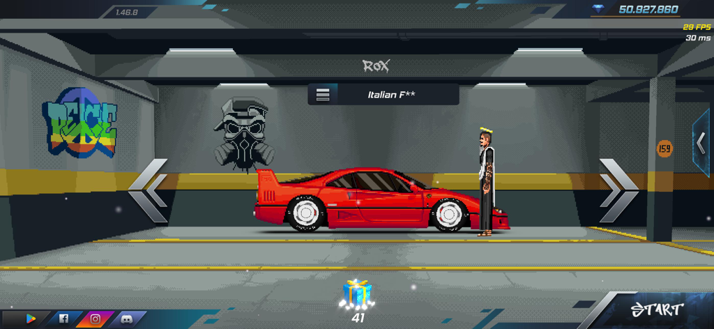 Estilo BR: Online Drag Racing - Un auto deportivo rojo de arte pixelado dentro de un garaje con un personaje de pie junto a él