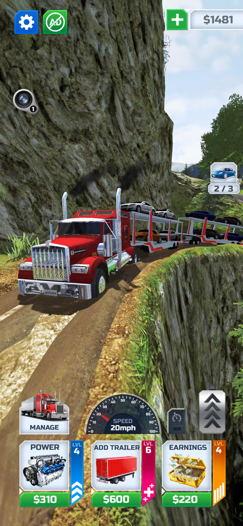 Truck Transport Simulator ! - A red semi truck hauling several cars on a narrow mountain road next to a cliff in a transport simulation game
