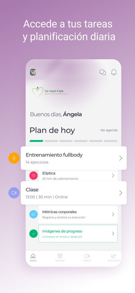 Tu Nutri Club - Mobile app interface of Tu Nutri Club showing a daily health plan with workouts and progress tracking.