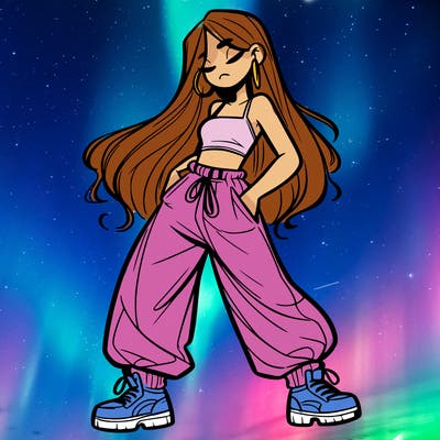 girl in baggy pants crop top and long hair