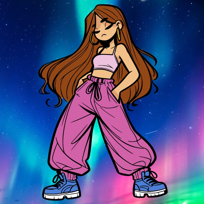 girl in baggy pants crop top and long hair