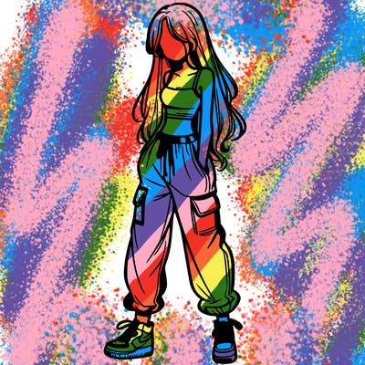 girl in baggy pants crop top and long hair