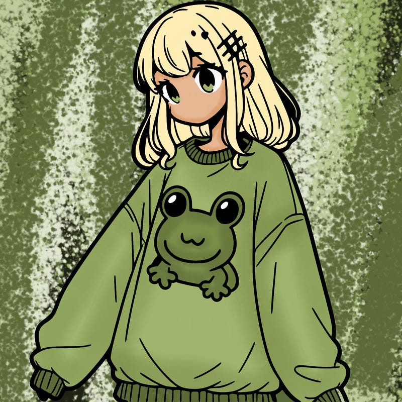 girl wearing frogging sweatshirt