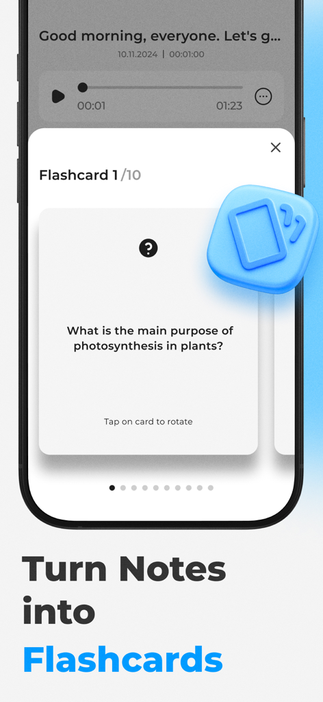 Noteum: AI Meeting Note Taker - Noteum app interface showing the feature to turn meeting notes into AI-generated flashcards for study and review.