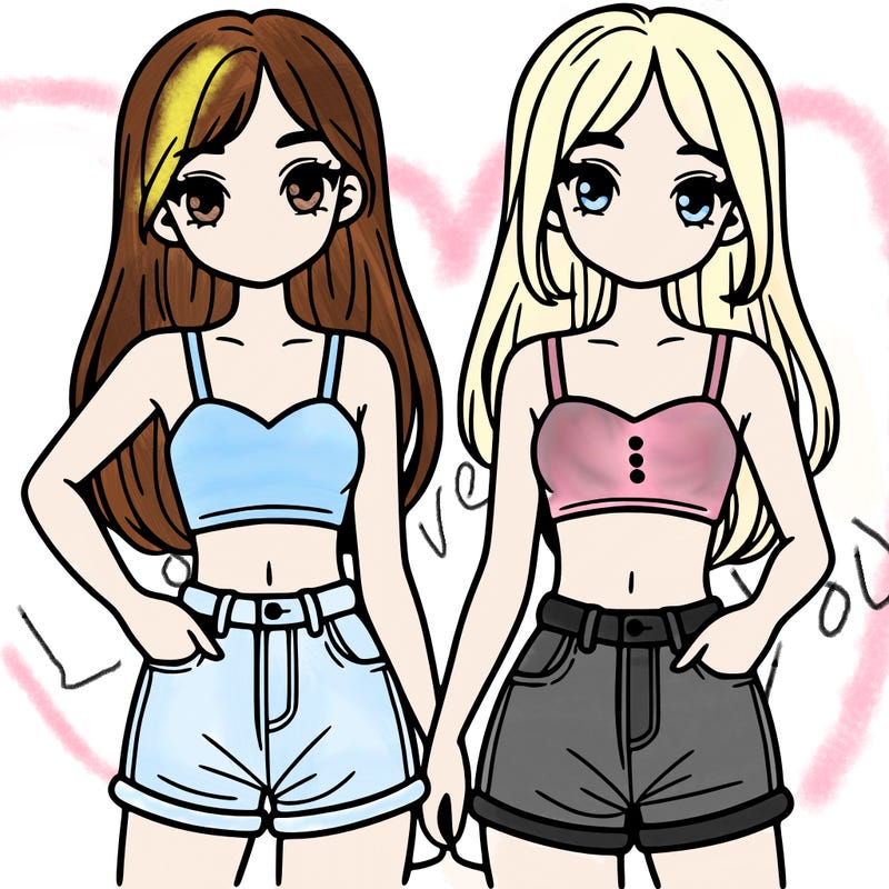 two sisters with crop tops and jean shorts and straight hair