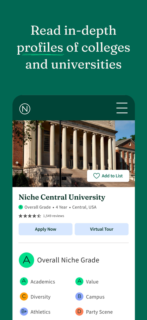 A detailed college profile on the Niche app showing letter grades for academics value and campus life