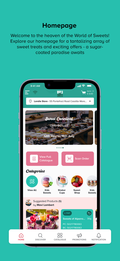 World of Sweets - World of Sweets B2B app home screen displaying candy categories and wholesale order tools