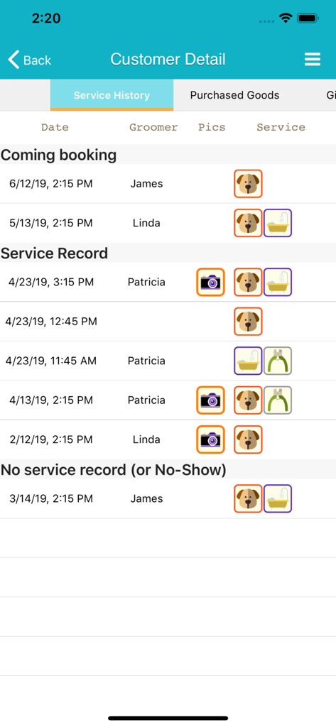 TapGroom - Pet Grooming Salon - TapGroomアプリのサービス履歴画面。ペットグルーミング予約の詳細が表示されています