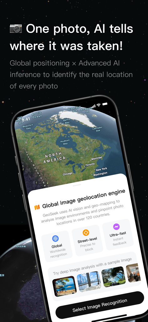 iPhone screen showing the GeoSeek.ai app with a map of North America and features for global AI photo geolocation