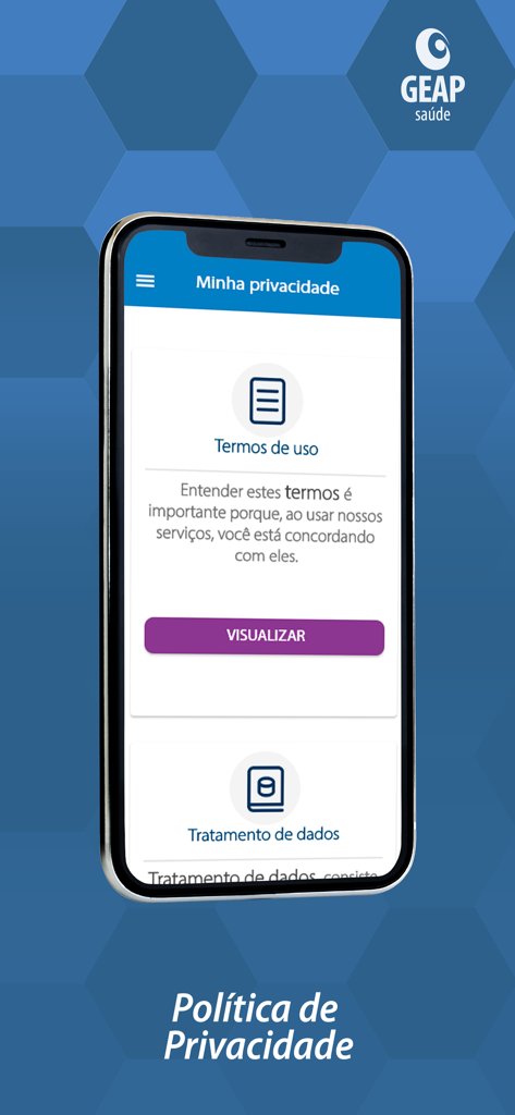 GEAP Prestador - GEAP Prestador mobile app screen showing the privacy policy and terms of use