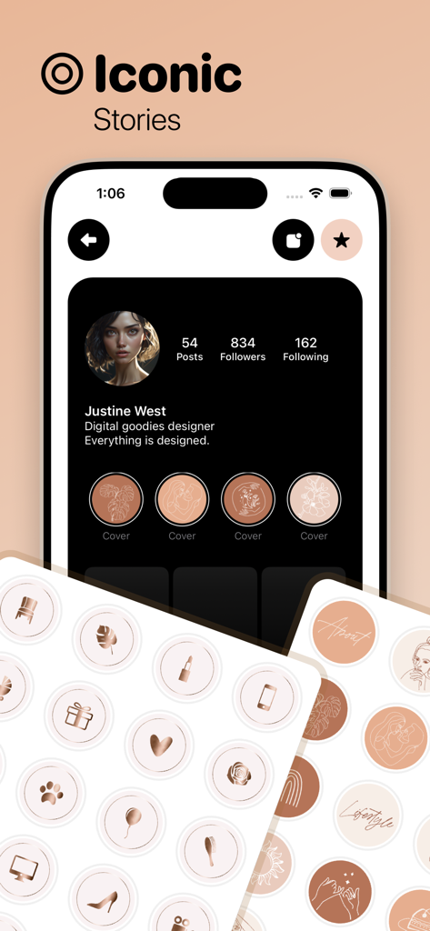 Story Studio - Cover Art Maker - Instagram story highlight cover design with rose gold icons and profile preview