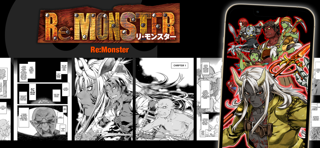 Alpha Manga app interface displaying panels and color artwork from the Re Monster series