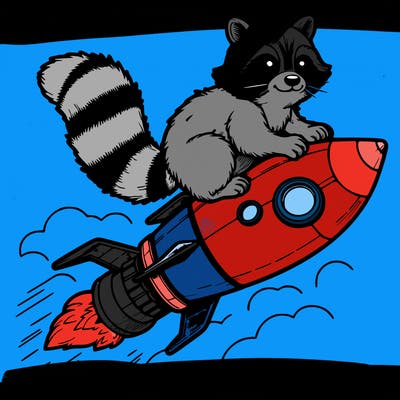 realistic raccoon flying on top rocket ship