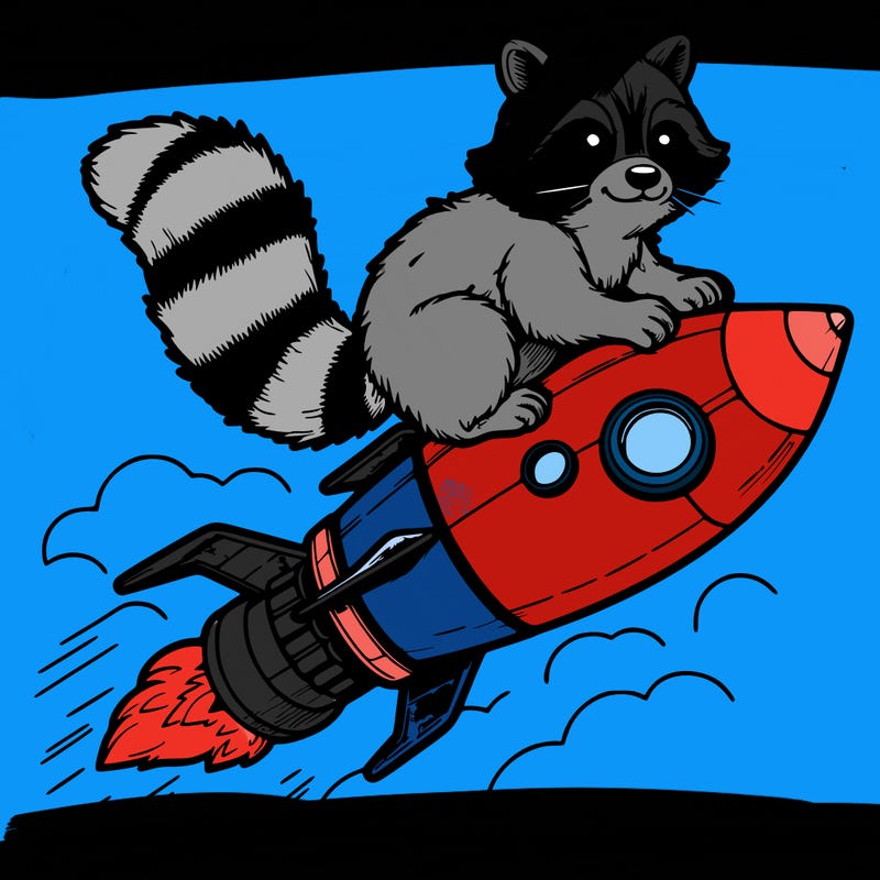 realistic raccoon flying on top rocket ship