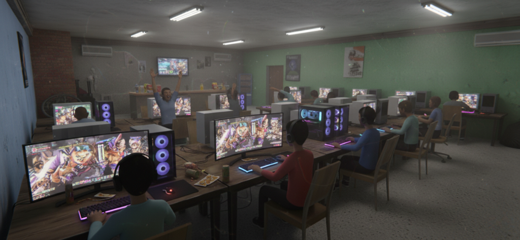 Una stanza piena di giocatori che utilizzano postazioni PC professionali in una simulazione di internet café.