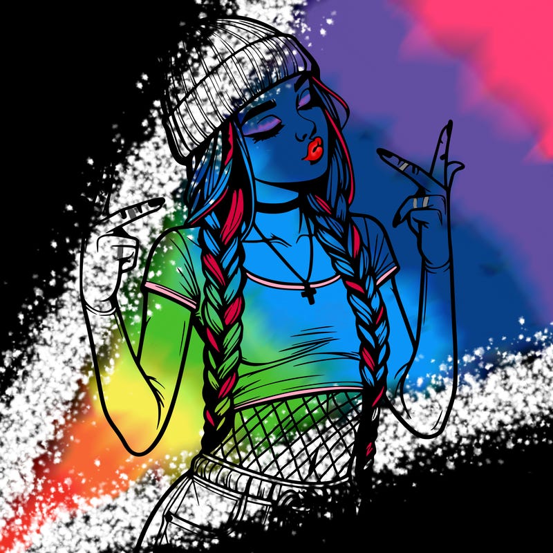 realistic teenage girl with braids and a beanie and crop top doing 🫶🏼