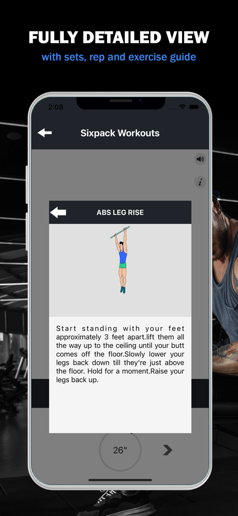 Gym Workout Daily Exercises - A detailed view of the Gym Workout app showing instructions and an illustration for the abs leg rise exercise.
