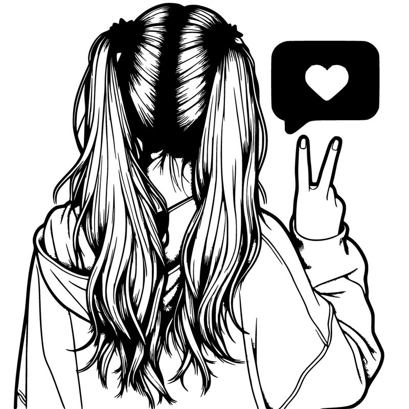 the back of a realistic girl holding up a peace mind saying 30 likes
