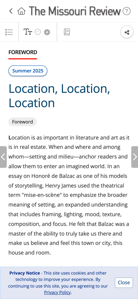 The Missouri Review app interface showing a long form literary essay with text customization tools