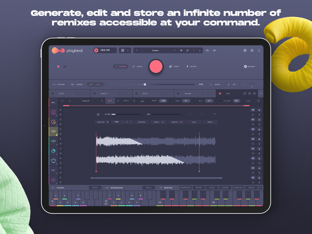Interfaccia dell'app iPad Playbeat 4 per la generazione e modifica di remix musicali