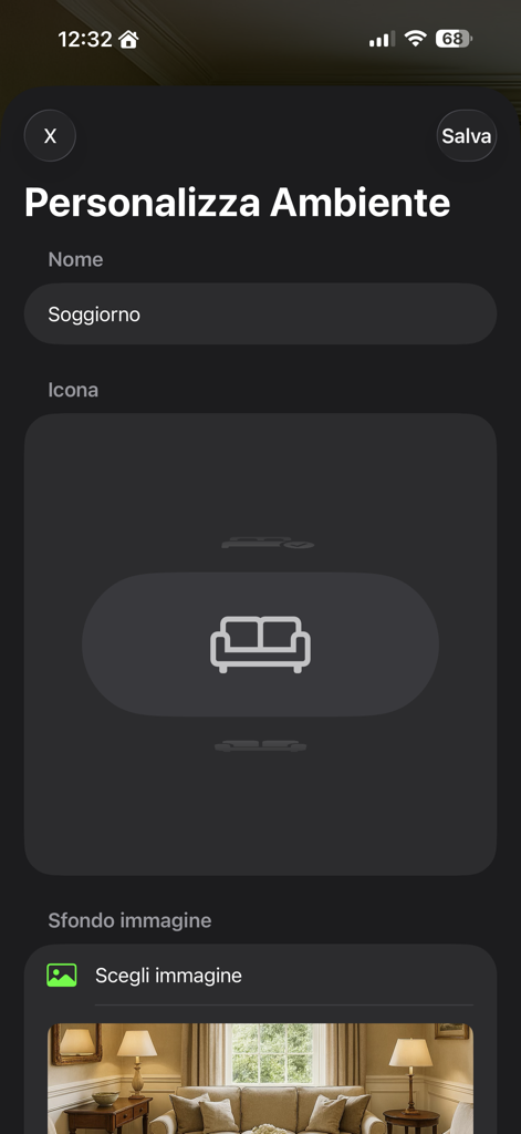 KNX Pro Tester - Oberfläche zur Anpassung einer Smart-Home-Umgebung mit Raumnamen, Symbolen und Hintergrundbildern in der KNX Pro Tester App