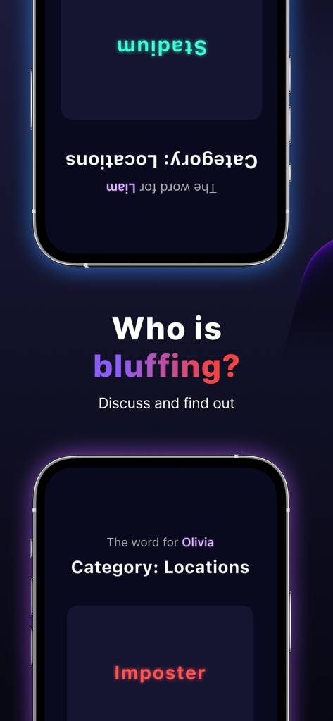 Gameplay screen of Imposter party word game showing player roles and asking who is bluffing