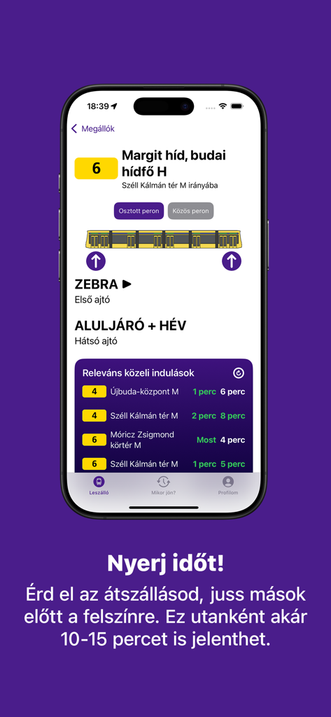 Leszálló: Get there faster - Leszálló app interface showing tram door positions and transit connections in Budapest